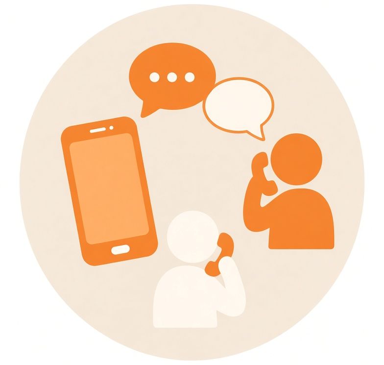 Échange autour de l’application : deux personnes au téléphone et des bulles de conversation
