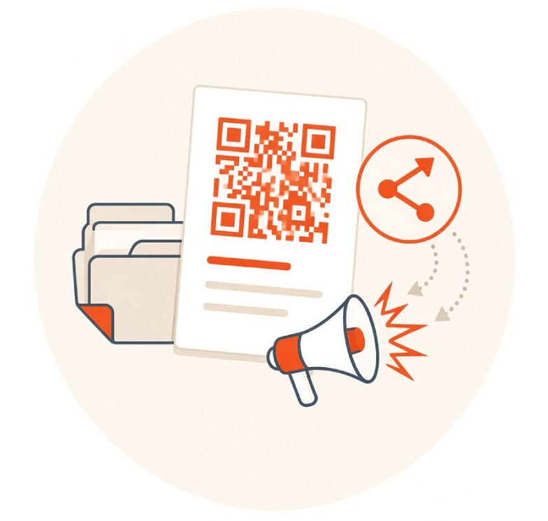 Kit de communication : affiche avec QR code, dossier, mégaphone et partage
