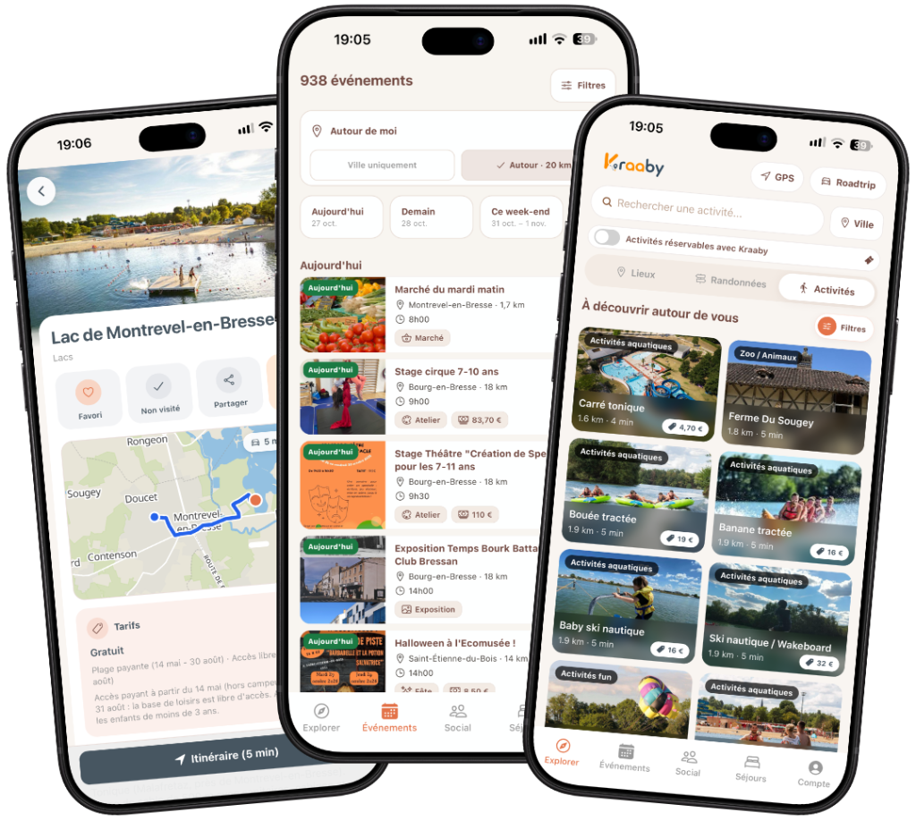 Trois écrans de l’application Kraaby : le lac de Montrevel-en-Bresse, l’agenda des événements et les activités à proximité